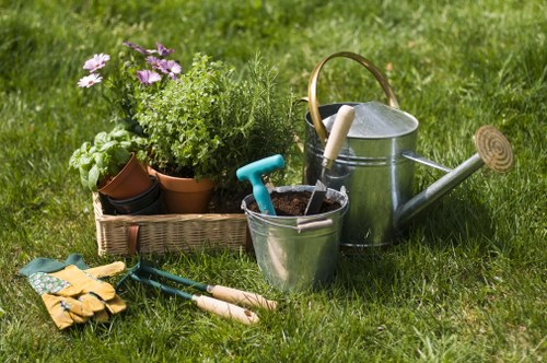 Operative preparing lawn mower before grass cutting in suburban garden